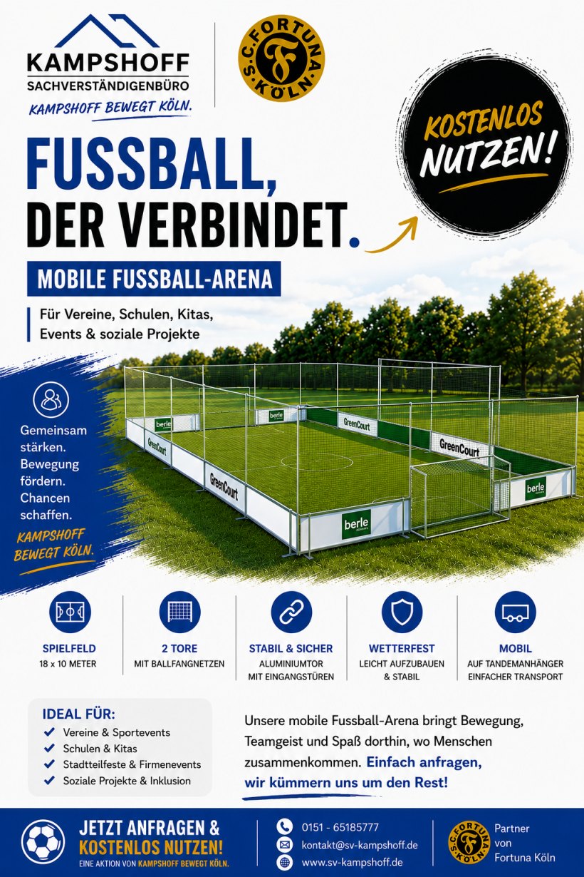 Flyer der mobilen Fußball-Arena von Kampshoff bewegt Köln