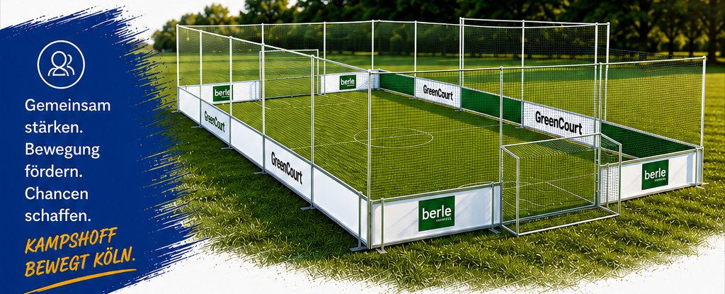 Mobile Fußball-Arena mit 18 x 10 Meter Spielfeld auf einer Rasenfläche